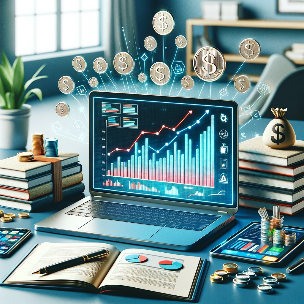 A realistic digital image for a blog post about monetizing educational content, emphasizing financial success. The scene features a modern office set